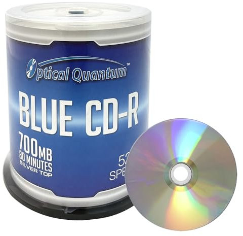 Optical Quantum Blue AZO CD-R 700MB 52X Glänzend Silber Blank beschreibbare Medien-Disc – 100 Stück Kuchenboxen, 100 Discs für Musik-, Daten- und Videoaufnahmen, beschreibbare Blanko-CDs