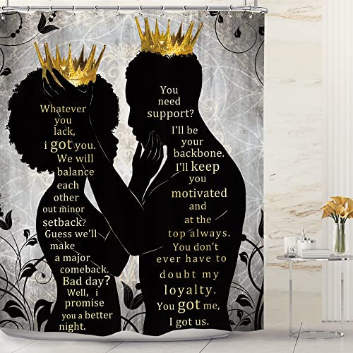 Omifly Rideau de douche afro-américain pour homme et femme, 152,4 x 183 cm (l x H), afro noir, reine roi, couronne dorée de luxe, citations inspirantes, ensemble de salle de bain aquarelle avec 12