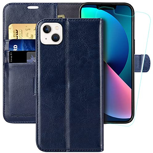 MONASAY Wallet Case for iPhone 13 Mini 5G,5.4-inch[Glass Screen Protector Included] [RFID Blocking] Flip Folio Leather Cell Phone Cover with Credit Card Holder,Blue