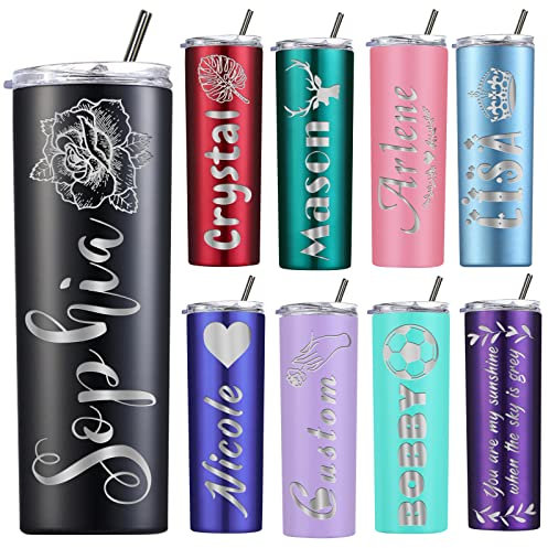Mug Isotherme Gobelet Personnalisable Prenom Gravée Tasse Cafe avec Paille Personnalisé Gobelet Personnalisee Noel Anniversaire Cadeau pour Femme Maman Adulte (Inox, 590 ml, 13 Couleurs)