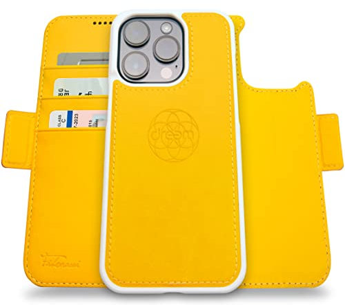 dreem Fibonacci compatibile con iPhone 14 Pro Max custodia a portafoglio/custodia antiurto 2 in 1 e folio in pelle vegana staccabile, compatibile con MagSafe, protezione RFID [Giallo]