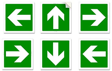 ADESIVI FRECCE USCITA EMERGENZA 6 pz. - da 10 cm - Frecce Guida verso Uscita di Sicurezza, orientabili in ogni direzione, in PVC morbido, Impermeabili, anti UV, mis. 10x10 cm