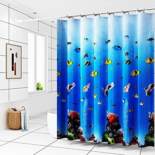 Stfery Shower Roller Blind for Bathtub, Shower Curtain, 3D Sea Blue, PEVA 300 x 200 cm, Large Sea Floor, Coral, Tropical Fish, Opaque