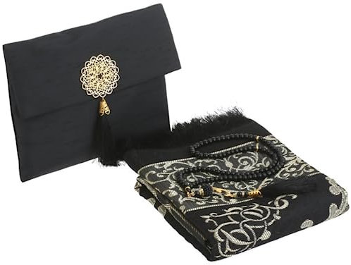 Prien Muslimischer Gebetsteppich Mit Gebetsperlen Für Frauen Männer, Geschenke Bayram, Ramadan, Teppich Beten Islam, Gebetsteppich Set, Islamische Gebetsmatte, Seccade Namaz, Muslim Mat (Schwarz)