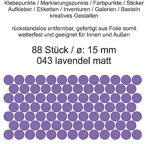 Aufkleber Etiketten Klebepunkte aus Folie 88 Stück lavendel matt rund 15 mm selbstklebend farbig wetterfest Decal Markierungen Organisieren DIY basteln verzieren Modellbau Scrapbooking