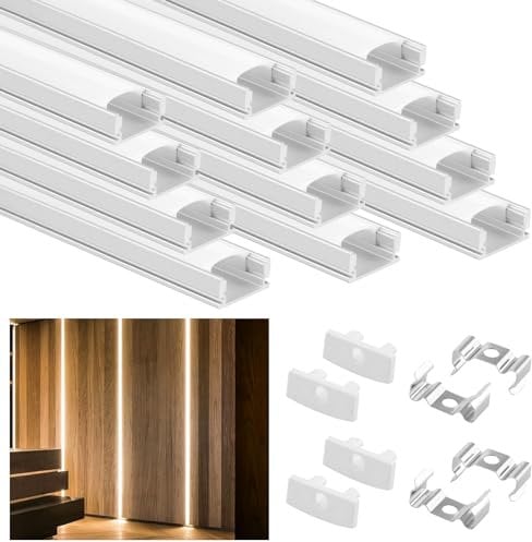 YOUNTHYE 20Pack Led Aluminum Profile, 20x30cm /19.7ft U-Shape LED Profile Diffuser LED Channel 12mm LED Strip Diffuser with White Cover, End Caps and Mounting Clips