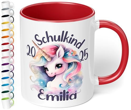 True Statements personalisierte Tasse Schulkind 2025, Rot, Geschenk zur Einschulung für Mädchen, 330 ml Keramiktasse mit Einhorn, Einschulungsgeschenk 1. Klasse