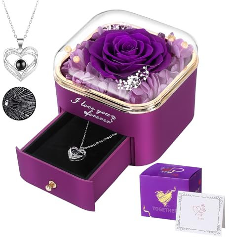 Firestyle Preserved Purple Real Rose with I Love You Necklace in 100 Languages-Eternal Flowers Rose Gifts for Her Women Mum Wife Girlfriend on Christmas Valentines Day Mothers Day Anniversary Birthday