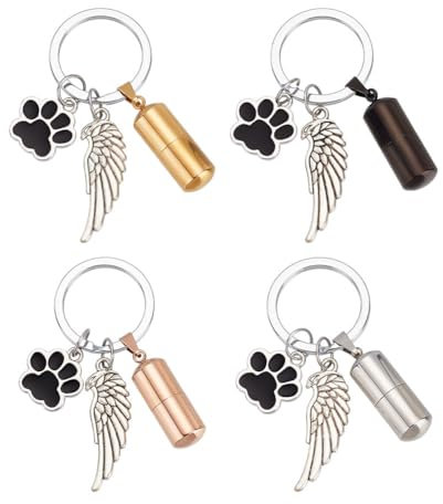 NBEADS Urnen-Schlüsselanhänger für Haustiere, 4 Farben, Legierung, Emaille, Hundepfoten-Anhänger, Winkelflügel, Schlüsselanhänger mit Eisen-Schlüsselringen für menschliche Asche