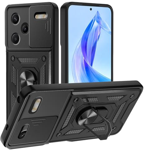 TUUTPU Funda para Xiaomi Redmi Note 13 Pro Plus/13 Pro+ 5G, Cubierta de cámara Deslizante Proteger Antigolpes Protectora Carcasa con 360° Magnético Anillo Soporte Silicona TPU + PC Rugged Case, Negro