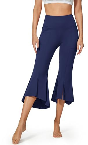 G4Free Yoga Hosen Damen mit Taschen Caprihose Hohe Taille Bootleg Strecken Leggings Schlaghose Rüschen-Schlagboden Sporthose Flare Hose Jazzpants