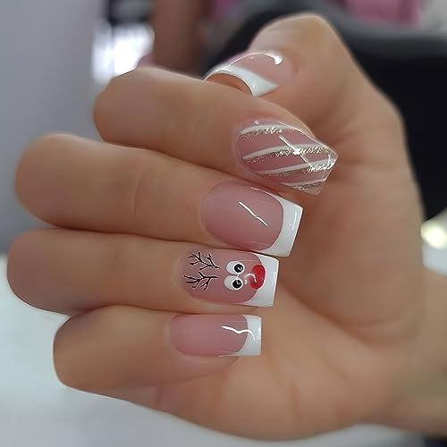MouyouGlow Press on Nails Kurz,Square Rosa Nude White French Cute Hirsch Weihnachten Fake Nails Kunstnägel mit Nagelkleber,Candy Cane Deer Künstliche Fingernägel