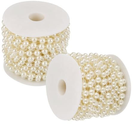 FAAING 2 Rolle 10M x 10mm Perlenband Beige Perlengirlande Perlenkette Deko Angelschnur Perlengirlande für Hochzeits-und Partydeko Geburtstag Taufe Tisch Deko DIY Handwerk