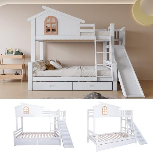 kubeier Lit superposé Bas Peu encombrant pour Enfant, lit Enfant cabane dans Les Arbres avec Toboggan et échelle, en Bois de pin, avec Deux tiroirs, 90x200cm | 120x200cm pour garçons et Filles