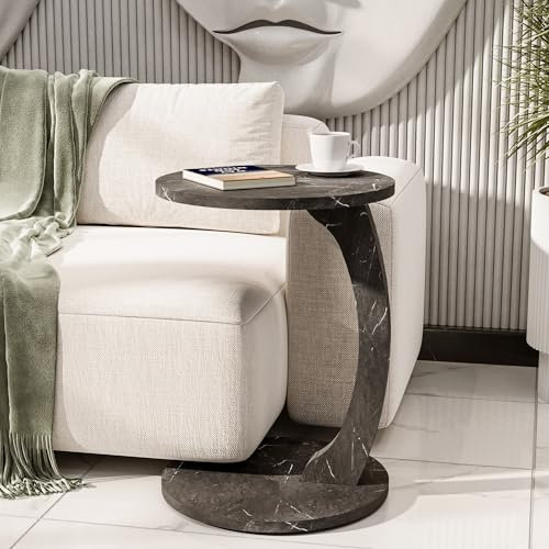 Tubibu C Form Kleiner Beistelltisch, Runder Tisch als Ablagefläche für Couch und Sofa mit Rollen, Rolltisch, Abstelltisch, runde Tischplatte (C-Form, Marmor, Schwarz)