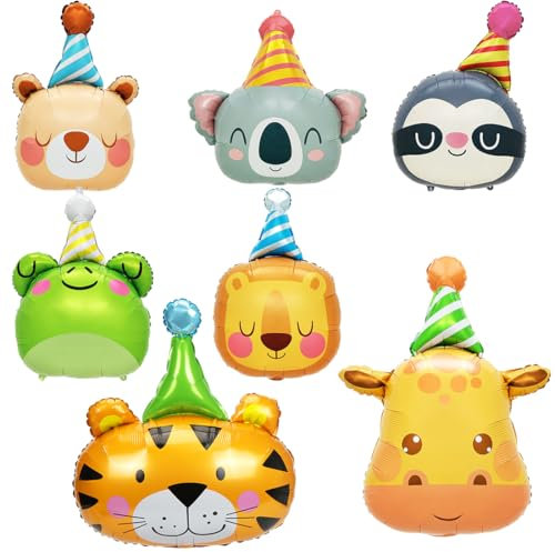 7 Stück Tierkopf Folienballon, Giant Tier Geburtstag Aluminiumfolie Luftballons, XXL Waldtiere Helium Ballon Set, Tiere Riesenballon für Junge Mädchen Kinder Geburtstag Dschungel Deko