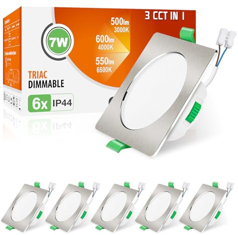 ALUSSO LED Einbaustrahler Eckig Dimmbar LED Spots 230V Deckenspots 68mm Ultra Flach 7W IP44 Warmweiß Neutralweiß Kaltweiß Einbauleuchten für Badezimmer Wohnzimmer, Nickel Gebürstet, 6er Set