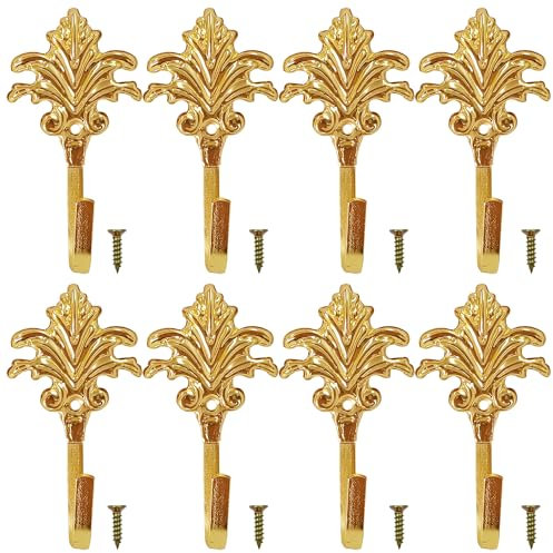 Jaczora 8 PCS Decorative Leaves Iron Hooks,Wall Mounted Metal Coat Hooks,Vintage Gold Hook Key Holder Coat Hanger for Entryway Bathroom Bedroom Farmhouse Decoration