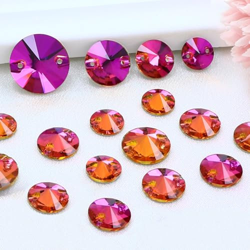 JINJIAO Sew On Rhinestone,Round Shape Flatback Sew On Crystal Mixed Size Sewing Gems with Holes for Clothes Shoes Costume Garment DIY Crafts，Fuchsia