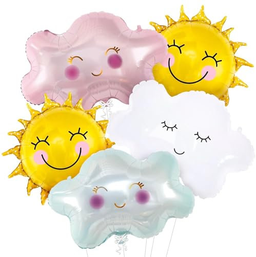 DazzJoy Wolkenförmige Sonne Folienballon Geburtstag, XXL Wolke Luftballon, Sonne Deko Ballon, 5 Stück Sonne Lächelnde Quasten Wolke Luftballons Geburtstag, Helium Ballons für Kindergeburtstag Deko
