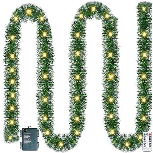 Weihnachtsgirlande mit Beleuchtung, 5M 50LED Tannengirlande mit Beleuchtung Girlande Weihnachten Beleuchtet Tannengirlande Künstlich mit Timer Weihnachtsdeko Girlande für Weihnachtsdeko Innen (10m)
