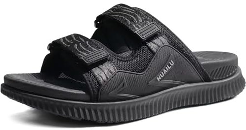 KuaiLu Mens Walking Slide Sandals Orthotic Athletic Thick Cushion Recovery Sport Sandles Adjustable Strap Open Toe Slip On Yoga Mat With Comfortable Plantar Fasciitis Arch Support Black Size 10
