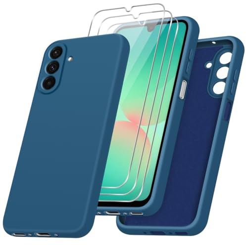 Coque pour Samsung Galaxy A17 / A26 5G avec 3 Pièces Protection Écran en Verre Trempé, Bleu Souple TPU Silicone Étui Housse pour Samsung Galaxy A17 / A26 5G
