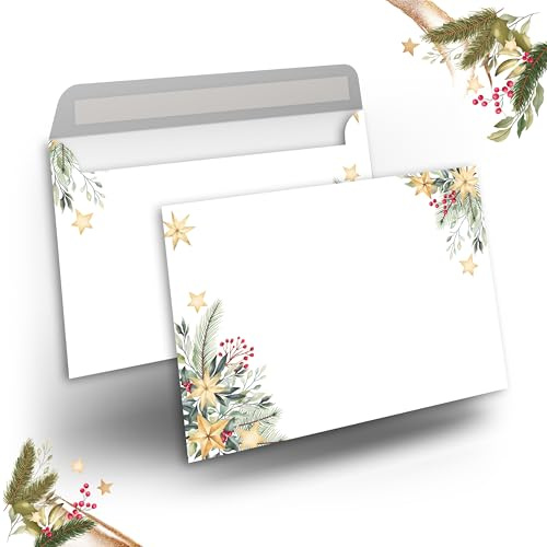 Briefumschlag C6 Haftklebend Selbstklebende 25-50 Stück Briefumschläge Kuvert Briefkuvert in Weihnachtsdesign Sterne Tannenzweige 80 g/m² 114 x 162 mm Hochzeit Geburtstag Einladung Danksagung (50)
