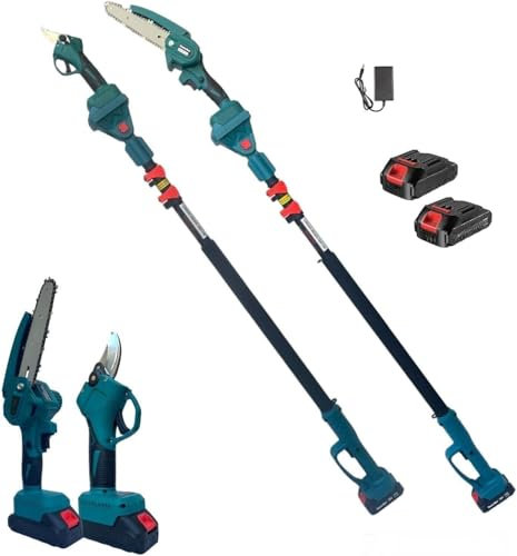 SQUADO Kit Giardinaggio 3 in 1, Motosega a Batteria 15 cm, Forbice Potatura Elettrica, Asta Telescopica 128-248 cm, 2 Batterie