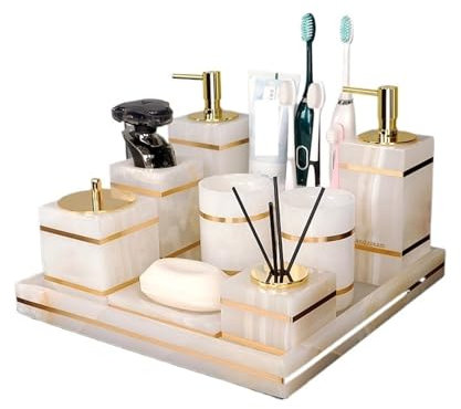 Set Di Dispenser Di Sapone Per Il Bagno Accessori for il bagno in marmo bianco naturale di lusso, dispenser di sapone dorato, porta spazzolino, portasapone, vassoio for il bagno Set Completo Di Access