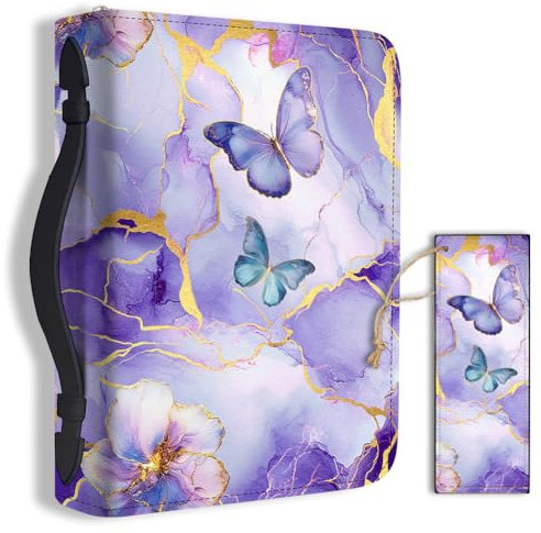 Hobbspring 1 Stück Schmetterling Große Bibelhüllen 20.3x28.5x5.9cm PU Leder Bibelhülle Mit Lesezeichen Lila Marmorstruktur Bibel Tragetasche Für Frauen Männer Bibel Notizbuch Tragetasche