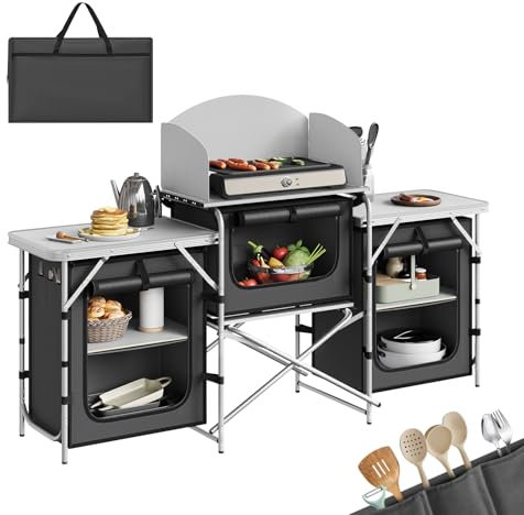 WOLTU Mesa de Cocina Camping, Mesa Plegable para Picnic, con Estantes de Almacenaje, Gabinete Camping Portatil, Aluminio y MDF, Gris Oscuro