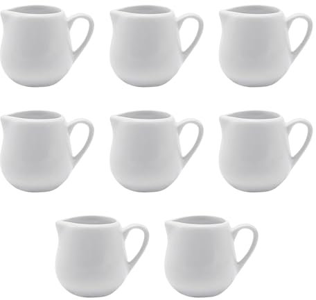 Foreverup 8Pcs Small Milk Jug, 110ML White Ceramic Mini Milk Jug, Mini Creamer Jugs with Milk Spoon Anti-drip Spout Perfect for Coffee Tea Cream Sauce