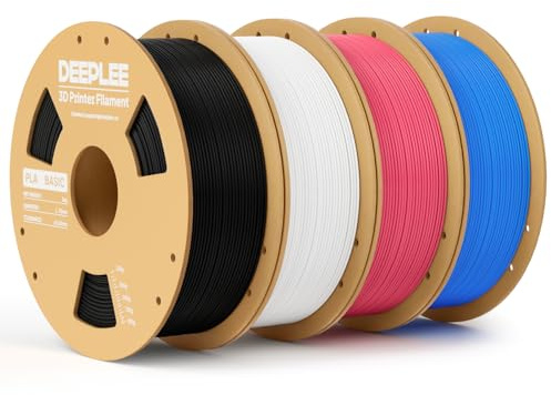 DEEPLEE Filamento PLA Basic 1.75 mm, Pack 4 kg: Nero + Bianco + Rosa Pesca + Azzurro (4×1 kg), Precisione ±0.02 mm, Avvolgimento Antiostruzione per Stampanti FDM