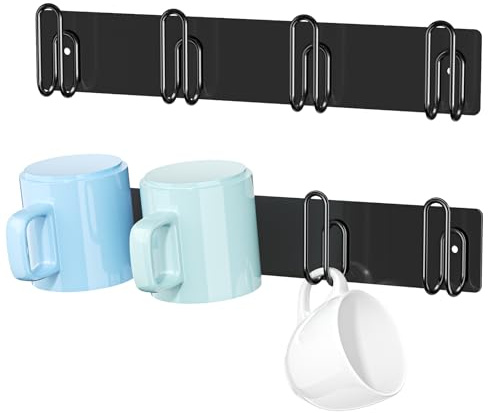 XILIMEN Mug Holder Wall Mounted, 2 Pack Coffee Cup Hooks, Metal Mug Rack for Kitchen, Modern Unique Cabinets Cups, Cup Holder Hanging Wall Hanger for Kitchen, Dining Room Coffee Bar (Black)