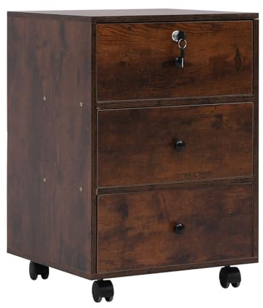 NICEME Mobile File Cabinet with 3 Drawers Under Desk Storage Unit with Lock (Only Top Drawer),Office Drawer Pedestal, Assembly Required (3 Drawers, Rustic Brown)