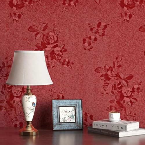 FunStick 40 cm x 6 m Bedroom Wallpaper Dark Red Pattern Texture Adhesive Film Furniture Flowers Wallpaper Living Room Waterproof Adhesive Film Flowers Red Wallpaper Vintage Floral Self-Adhesive Film