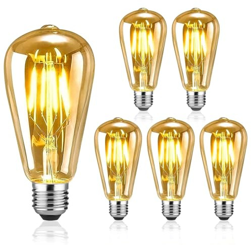 EYLM Edison Light Bulbs E27 Vintage Edison LED Light Bulbs 4W-6 Packs | Equivalent to 40W 2700k Warm White, ST64 LED Bulbs Dimmable Led Filament Antique Style Retro Amber Glass Screw Lamp
