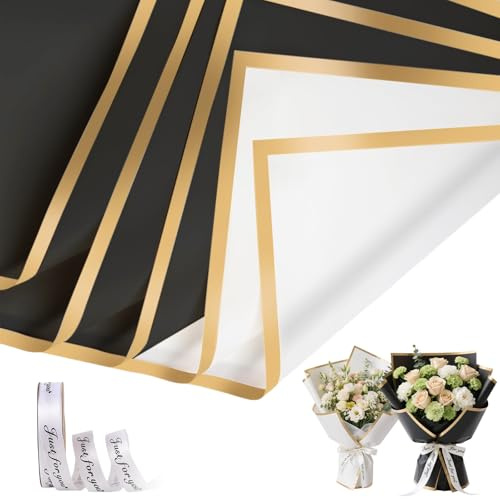 wlertcop Flower Bouquet Wrapping Paper, Waterproof Flower Wrapping Paper | 20 Sheets Flowers Gift Wrapping Papers with Rolls Ribbons for DIY Crafts,Flowers Shop Bouquet Packaging(PinkWhite)
