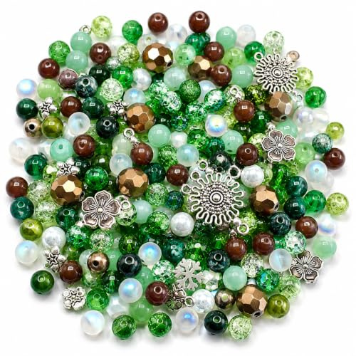 Premium Perlen Mischung mit besonderen Details 100g, Geschliffene Perlen, Glitzernd, Bunt (Smaragdwald, 8, 10, 12 mm)