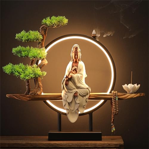 Keramik Kwan Yin Buddha Statue mit LED-Ringlicht, Indoor Räuchergefäß und Bonsai Figur, Meditationsdekoration für Wohnzimmer und Büro(05)