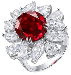 Homxi Verlobungsringe Damen Ringe 18 Karat Weißgold, Blume mit Erstellter Rubin 8,792 Karat und Moissanit, Damen Ring Eheringe Verlobung Silber Rot Größe 57 (18.1)