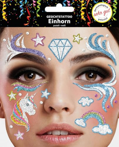 Trendandstylez Glitzer Gesichtstattoo Set – 30 Designs | Face Tattoo | Dermatologisch getestet | Karneval, Festival, Halloween, Fasching & Party Make Up Aufkleber (Einhorn)
