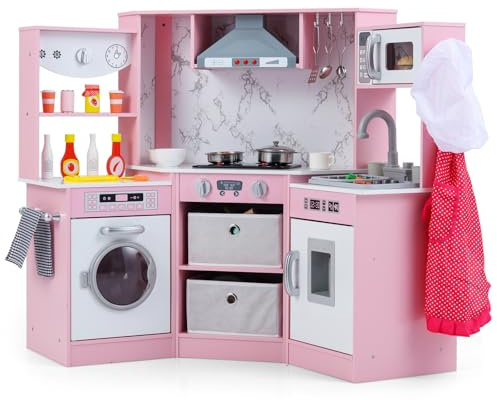 GOPLUS Kinderküche Holz, Spielküche mit realistischem Licht und Sound, Spielzeugküche mit Herd, Mikrowelle, Dunstabzugshaube, Waschmaschine und Zubehör, Holzküche Eck für Kinder ab 3 Jahren, Rosa