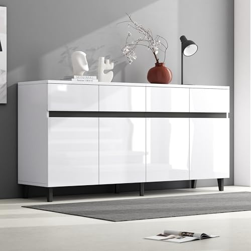 FammyLoft Hochglanz Sideboard Wohnzimmer mit 4 Schubladen und 4 Türen, Buffetschrank mit Höhenverstellbaren Regalböden, 160 x 40 x 68cm, Modern Wohnzimmerschrank für Schlafzimmer, Büros, Flur, Weiß