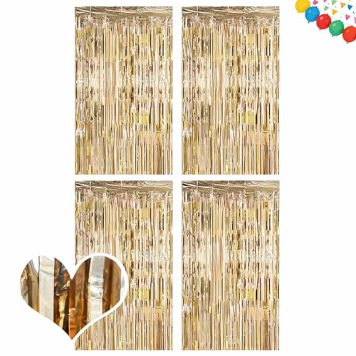 4 Stück Lametta Vorhang, 2mx1m Glitzer Lamettavorhängen Geburtstag, Glitzer Party Vorhang, Glitzervorhang Lamett, Metallische Glitzervorhang Fringe für Geburtstage Hochzeit Deko (Champagner Gold)