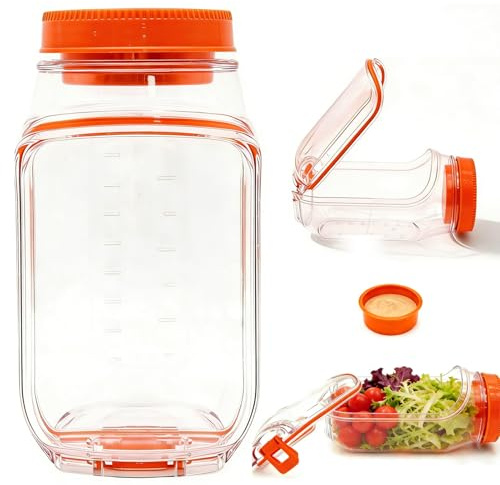 Crunier Salat to Go Box, salatbehälter to go, Salat Pod Glas mit seitlicher Öffnung, Frische Salatschüssel mit Auslaufsicherer Gewürzbox, für Zuhause, Outdoor, Reisen und Partys