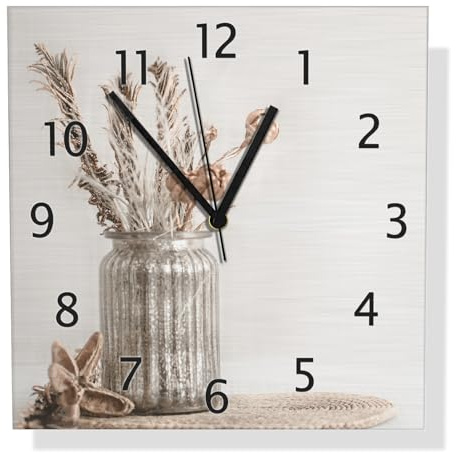 Wallario Design Wanduhr Trockenblumen im Glas aus Aluverbund, Alu-Uhr Größe 30 x 30 cm, Schwarze Zeiger mit Metalloptik