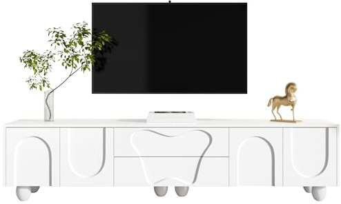 RAPRAP Tv Kommode Weiss, 180cm TV-Schrank mit Massivholzbeinen, Tv Lowboard Stehend Aus Pb, Fernsehschrank Mit Geschwungenen Türen & Schubladen, Lowboard Holzoptik für Wohnzimmer (G)