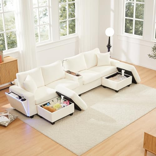 MODENVIE Sechssitzer-Ecksofa mit LED-Beleuchtung, Modulare Wohnlandschaft mit Type-C-Anschluss, Schlafsofa mit Stauraum und Hockern, Beige